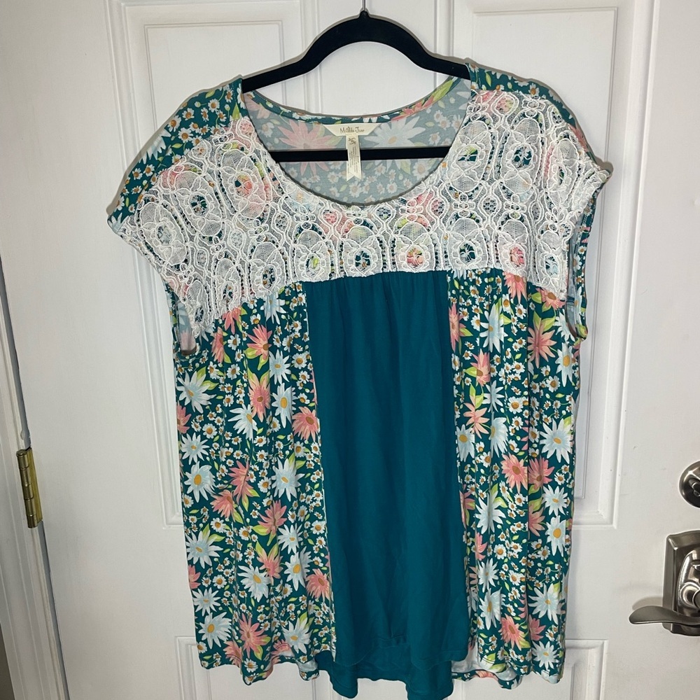 Matilda Jane Women's Floral Teal Top Short Sleeve Lace Detail Sz XL